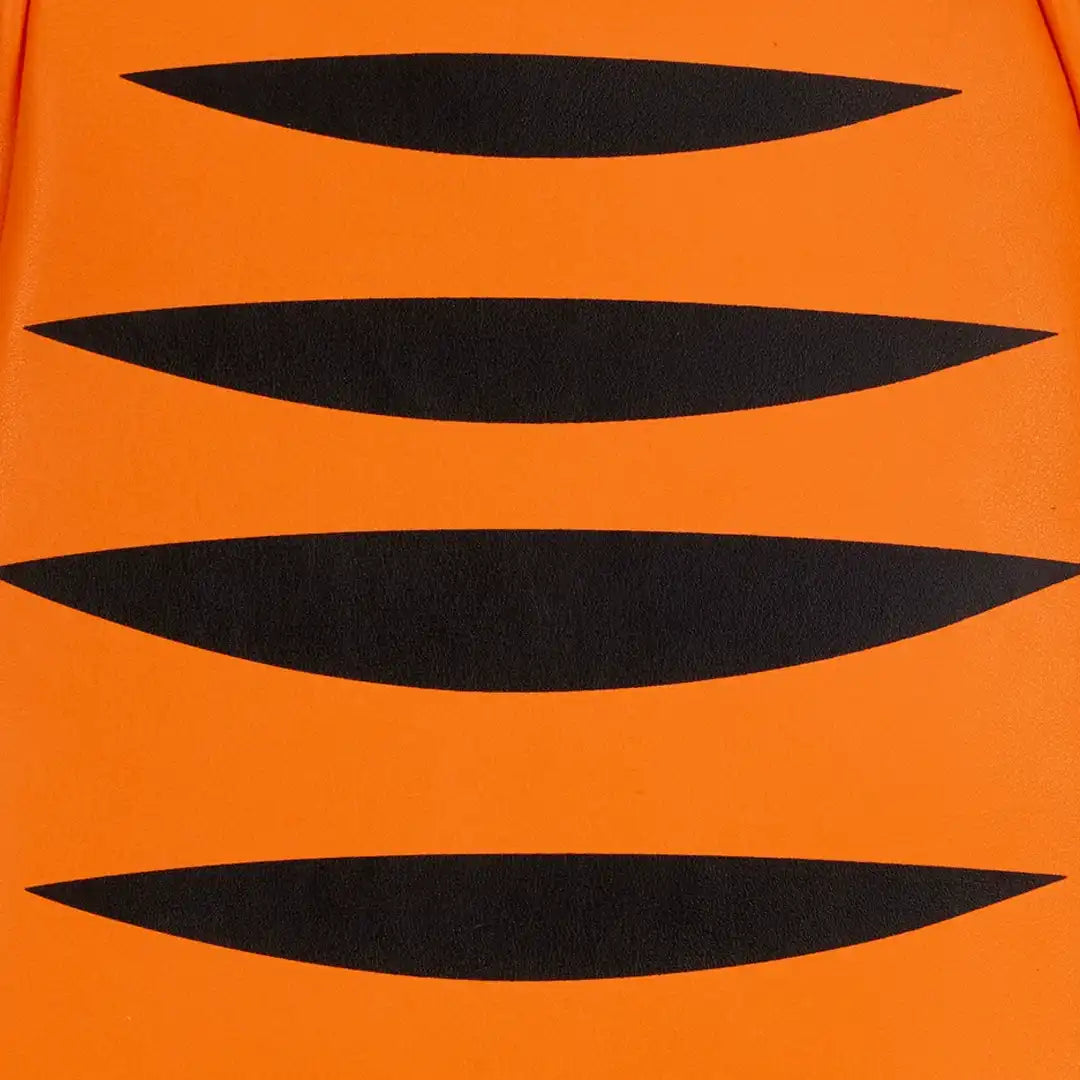Close up of Loungefly Disney Winnie the Pooh Tigger Cosplay Mini Backpack with black stripes on an orange background
