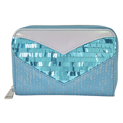 Blue sequin Loungefly Frozen Elsa Glitter Sequin Cosplay Zip Around Wallet with silver accents on a white background