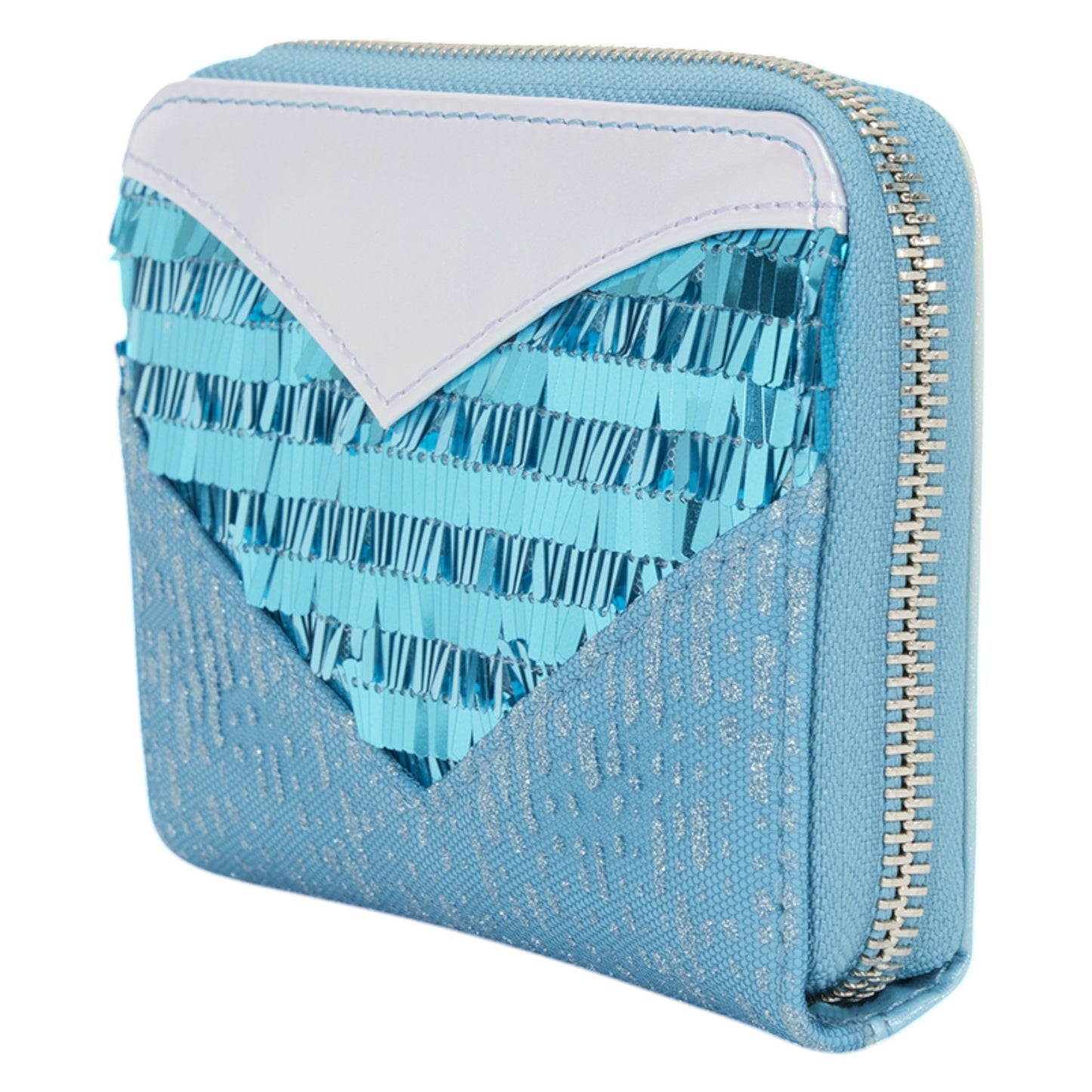 Blue sequin Loungefly Frozen Elsa Glitter Sequin Cosplay Zip Around Wallet with silver accents on a white background