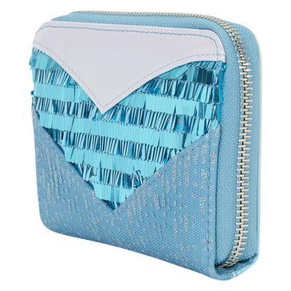 Blue sequin Loungefly Frozen Elsa Glitter Sequin Cosplay Zip Around Wallet with silver accents on a white background