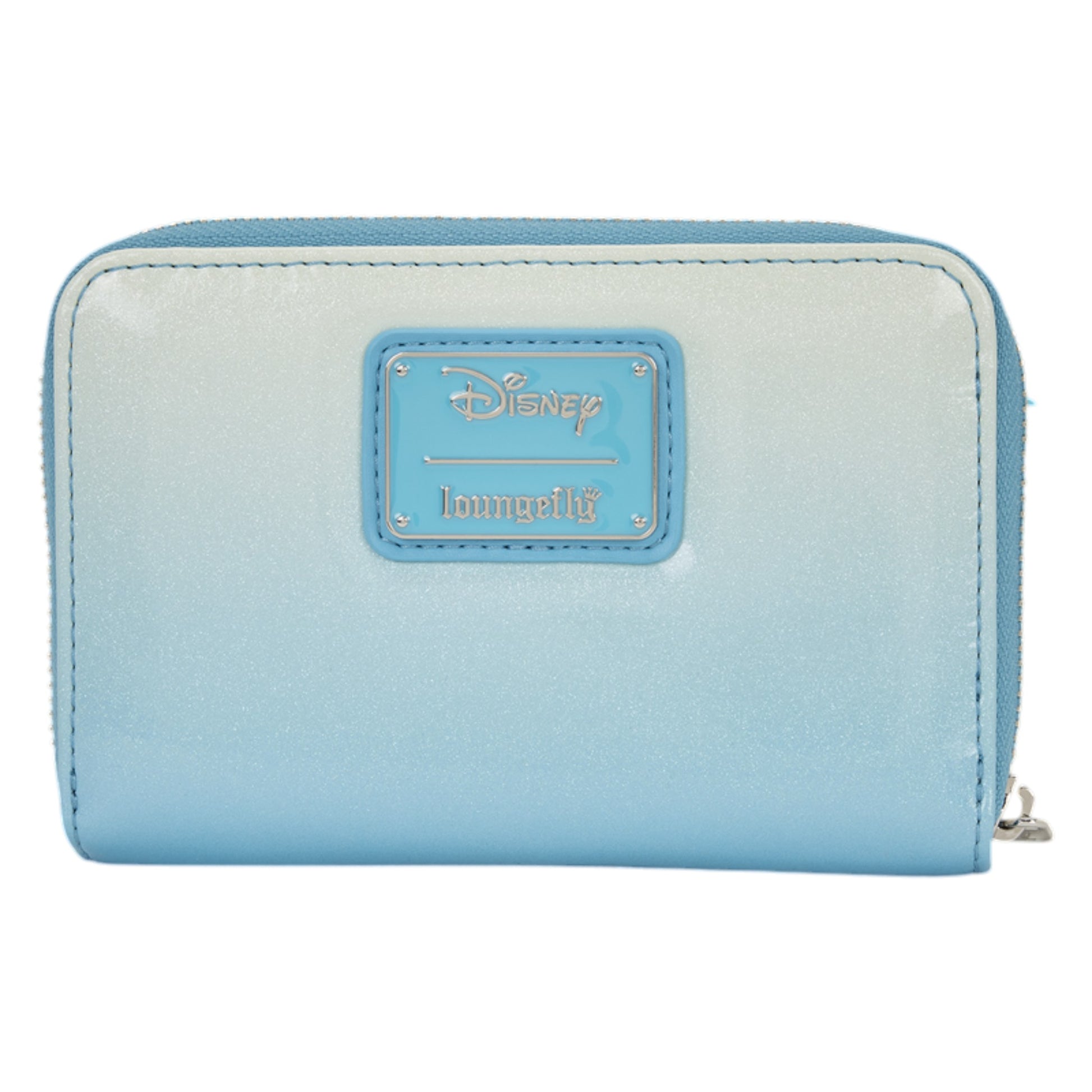 Back of Blue sequin Loungefly Frozen Elsa Glitter Sequin Cosplay Zip Around Wallet Disney Loungefly logo on a white background