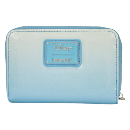 Back of Blue sequin Loungefly Frozen Elsa Glitter Sequin Cosplay Zip Around Wallet Disney Loungefly logo on a white background