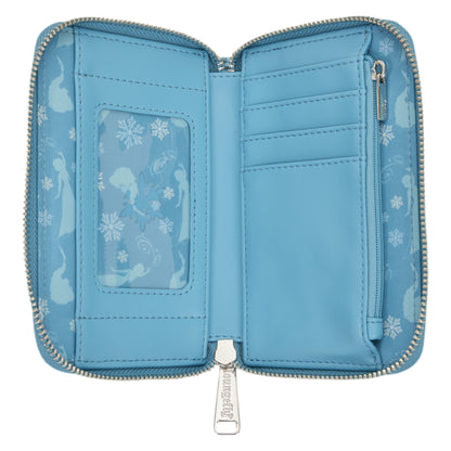 Inside of Blue sequin Loungefly Frozen Elsa Glitter Sequin Cosplay Zip Around Wallet with character design on a white background