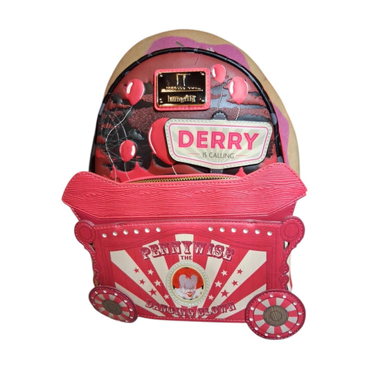 Red IT Chapter Two Pennywise Light Up Mini Backpack with 'Derry' and 'Pennywise' text on a white background