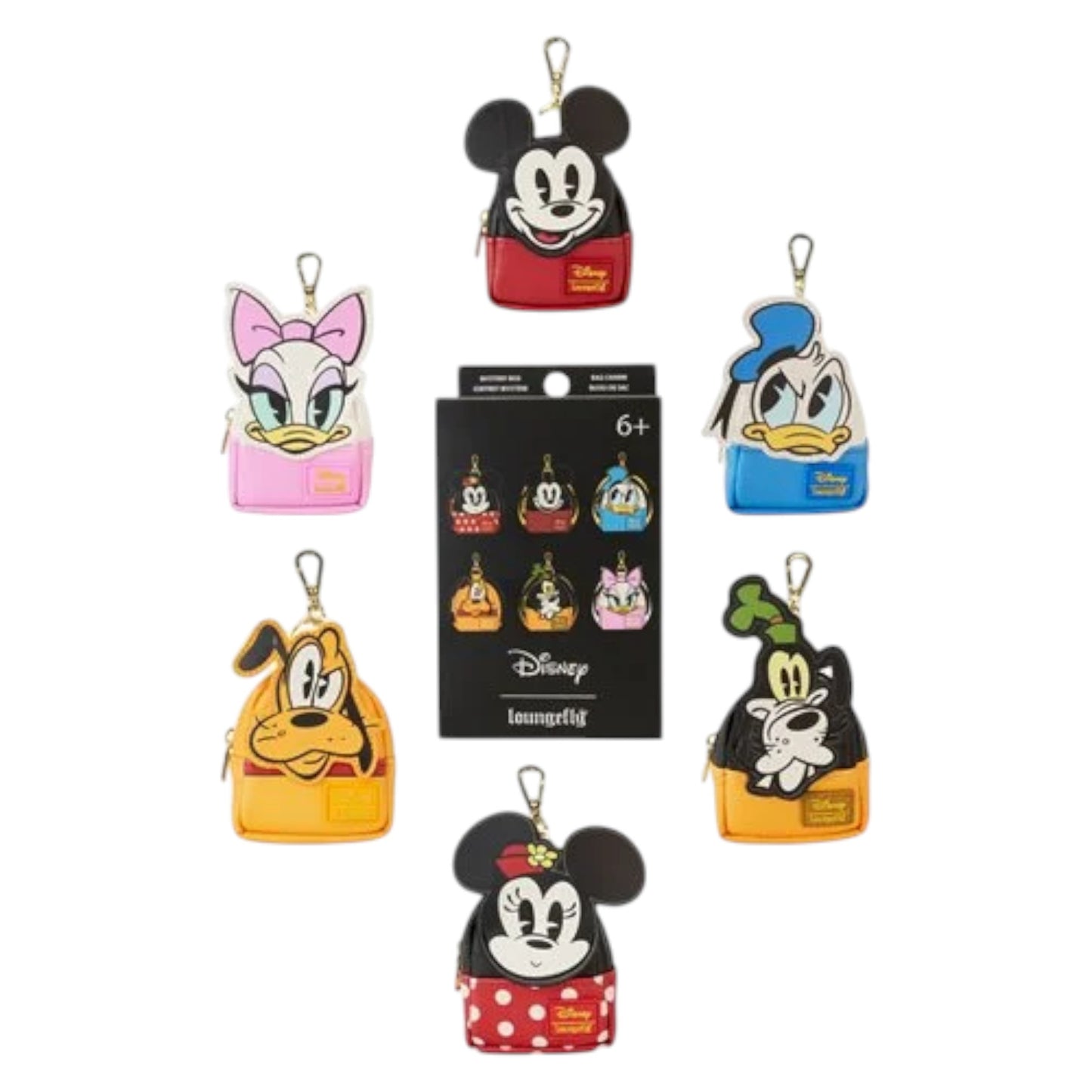 Set of Loungefly Mickey and Friends Mini Backpack Mystery Bag Charms
with a packaging card on a white background