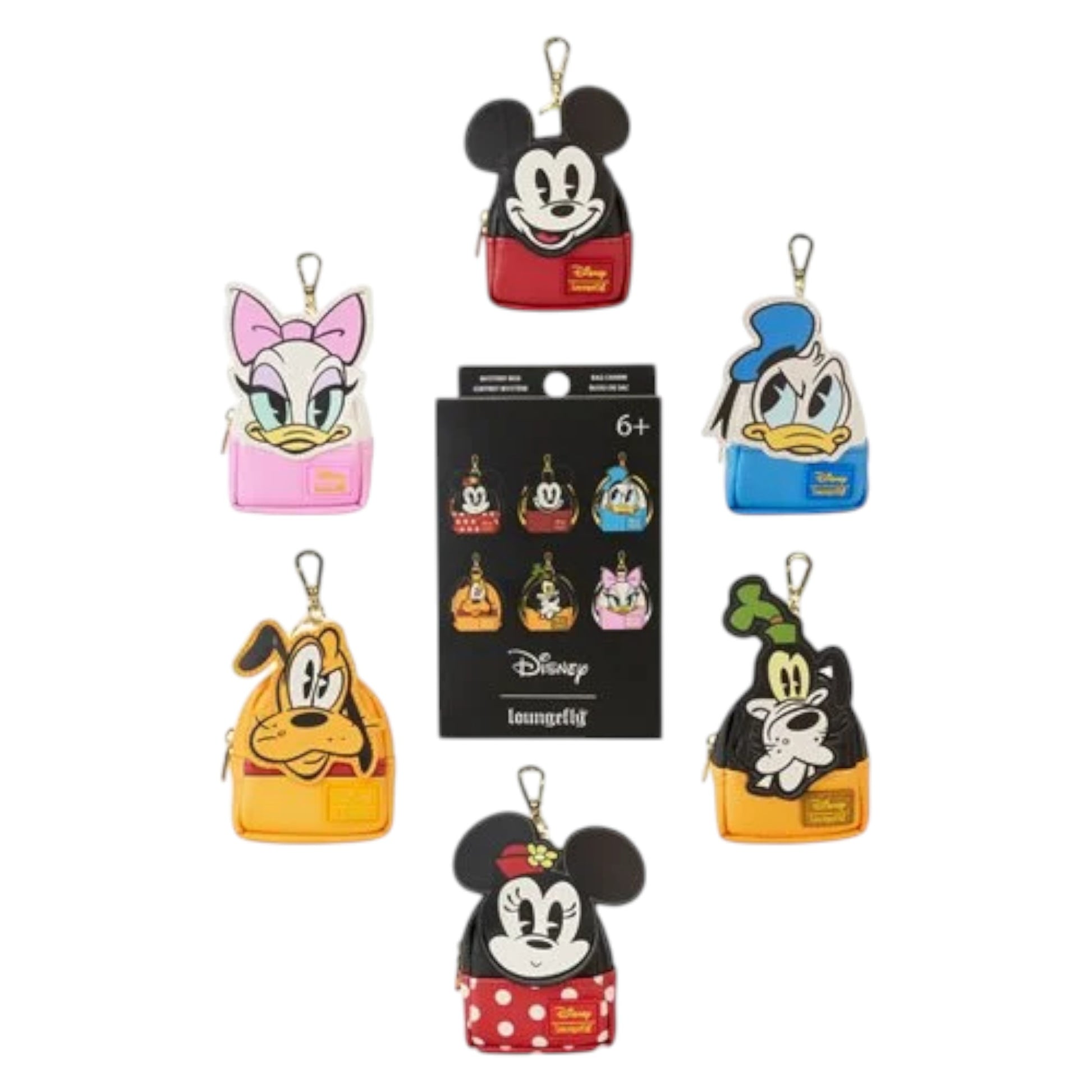Set of Loungefly Mickey and Friends Mini Backpack Mystery Bag Charms
with a packaging card on a white background