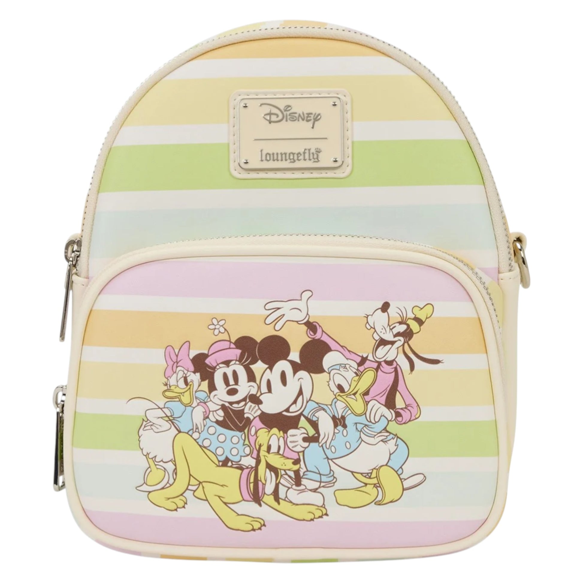Mickey and Friends Rainbow Stripes Convertible Mini Backpack with Mickey and Friends characters on a striped background, featuring the Disney brand.