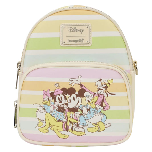 Mickey and Friends Rainbow Stripes Convertible Mini Backpack with Mickey and Friends characters on a striped background, featuring the Disney brand.