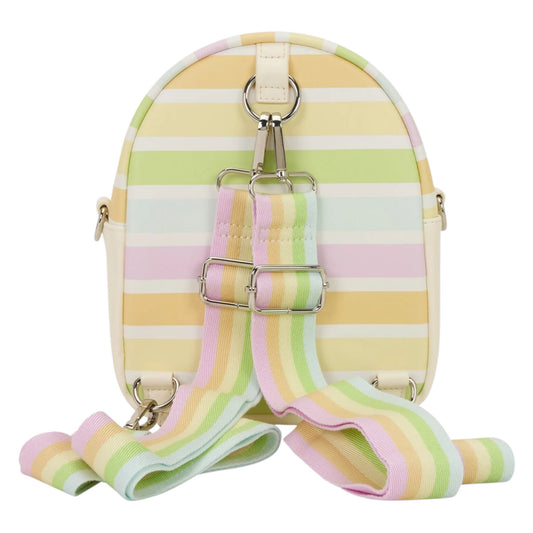 Pastel striped Mickey and Friends Rainbow Stripes Convertible Mini Backpack on a white background