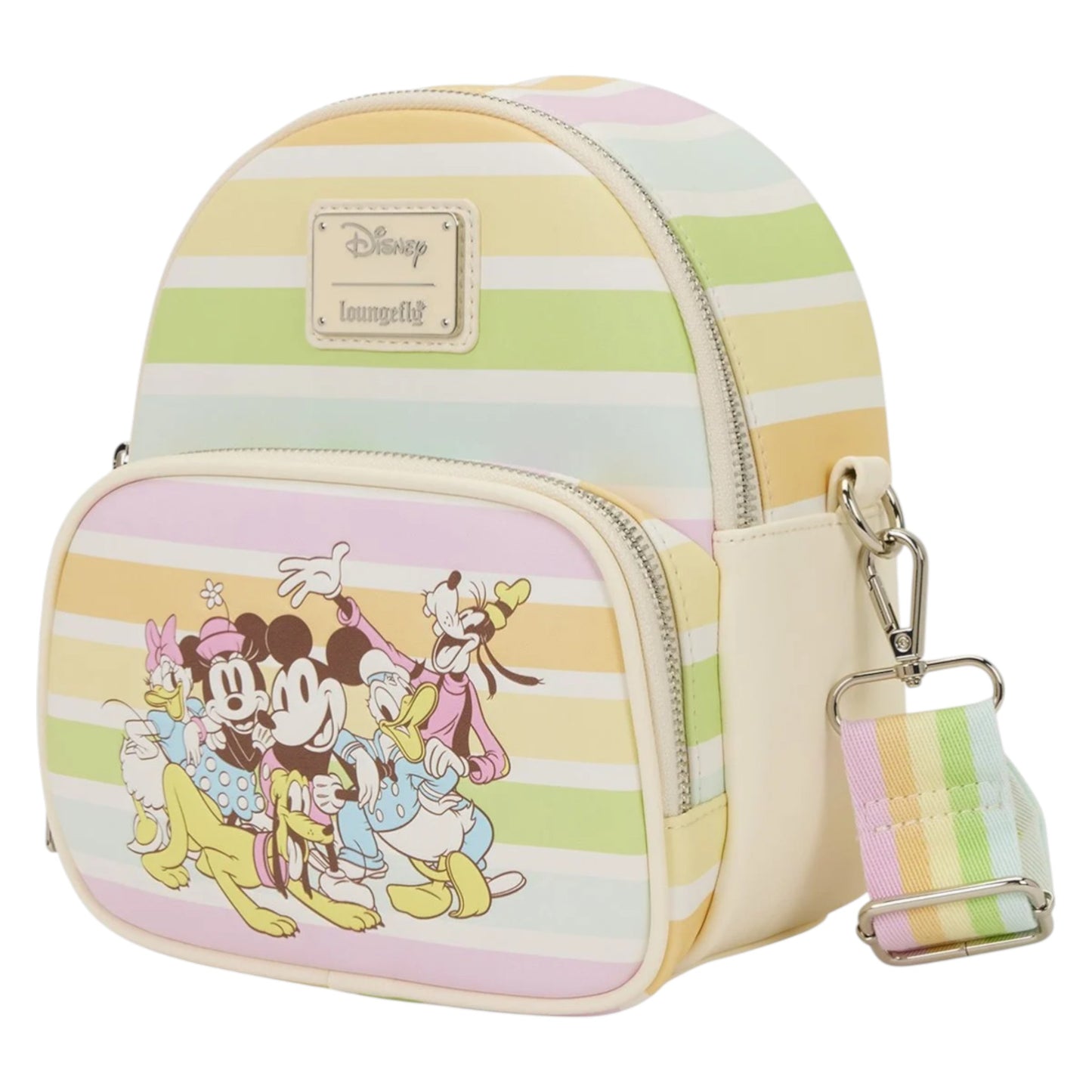 Mickey and Friends Rainbow Stripes Convertible Mini Backpack with Mickey and Friends characters design on a striped background on a white background