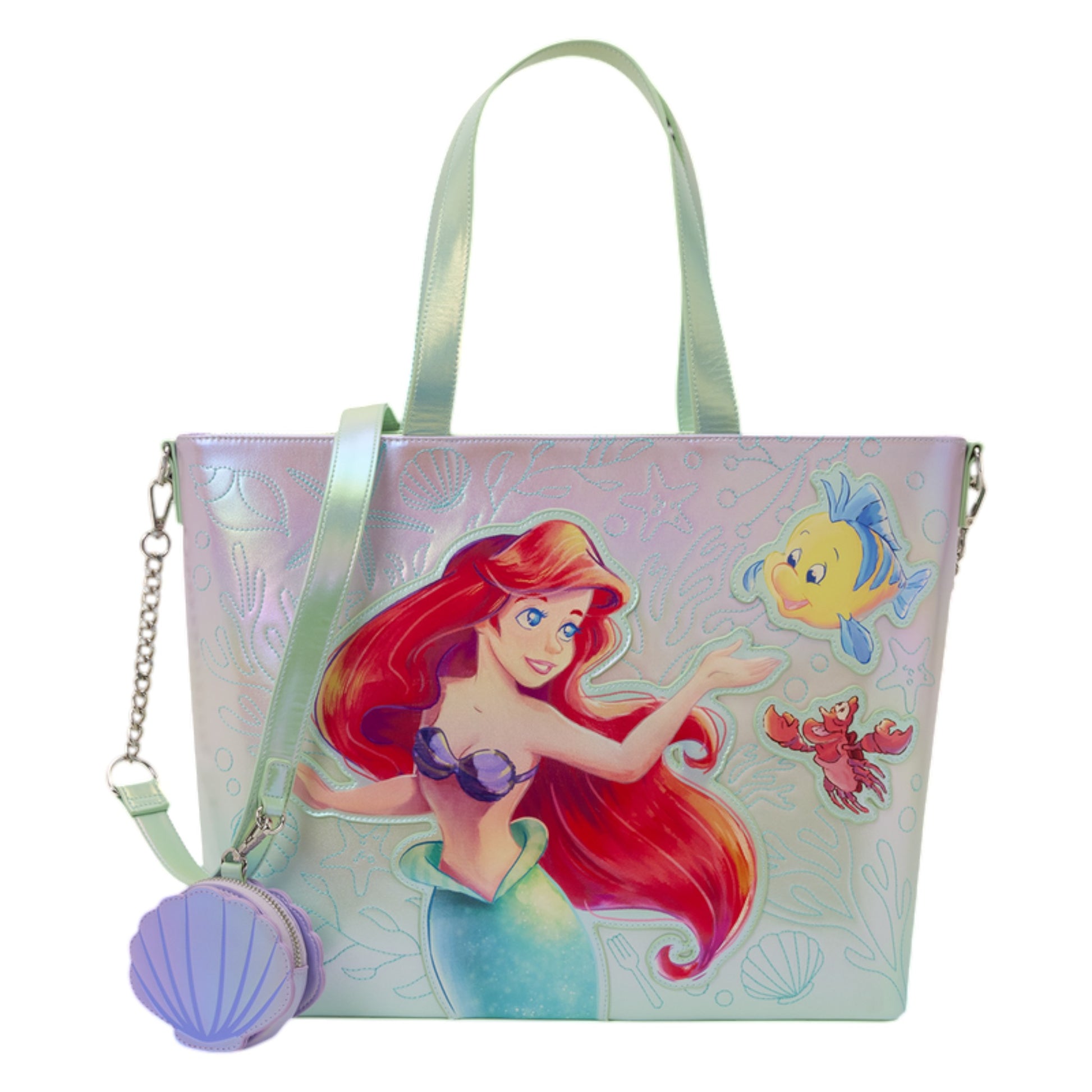 The Little Mermaid Ariel, Flounder, & Sebastian Tote Crossbody Bag with Coin Bag with Ariel, Flounder, & Sebastian Characters and a seashell coin bag on a white background