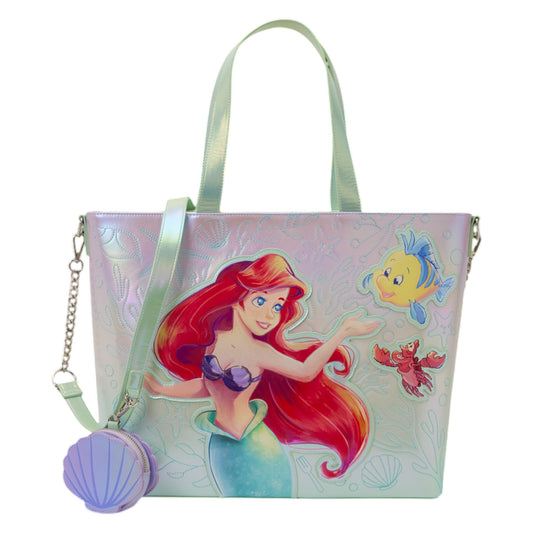 The Little Mermaid Ariel, Flounder, & Sebastian Tote Crossbody Bag with Coin Bag with Ariel, Flounder, & Sebastian Characters and a seashell coin bag on a white background
