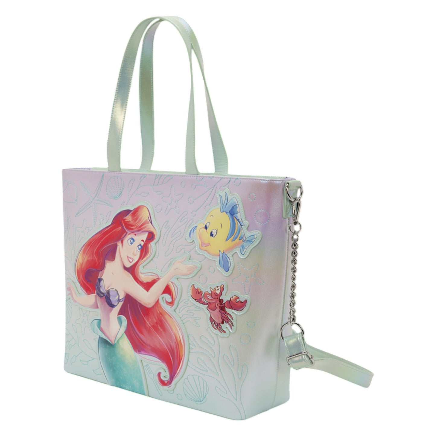 The Little Mermaid Ariel, Flounder, & Sebastian Tote Crossbody Bag with Coin Bag with Ariel, Flounder, & Sebastian Characters and a seashell coin bag on a white background