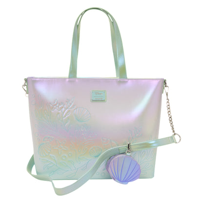Back of The Little Mermaid Ariel, Flounder, & Sebastian Tote Crossbody Bag with Coin Bag a seashell coin bag and blue strap on a white background