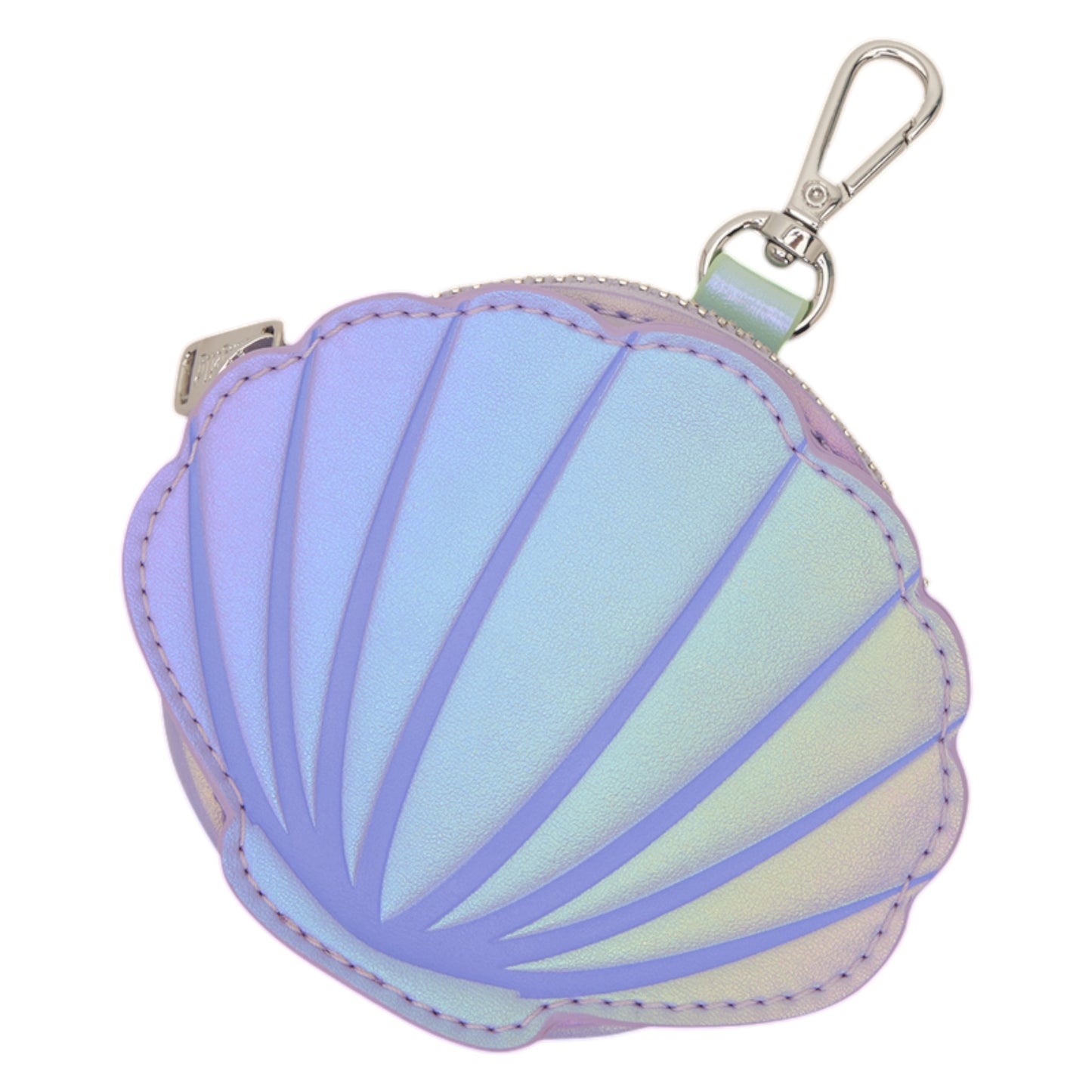 Close0up of a seashell coin bag from the The Little Mermaid Ariel, Flounder, & Sebastian Tote Crossbody Bag on a white background