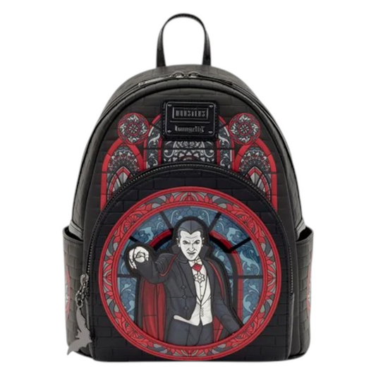 Loungefly Universal Monsters Dracula Stained Glass Mini Backpack with Dracula character design in front of stained glass on a white background