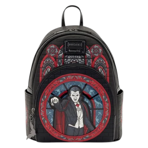 Loungefly Universal Monsters Dracula Stained Glass Mini Backpack with Dracula character design in front of stained glass on a white background