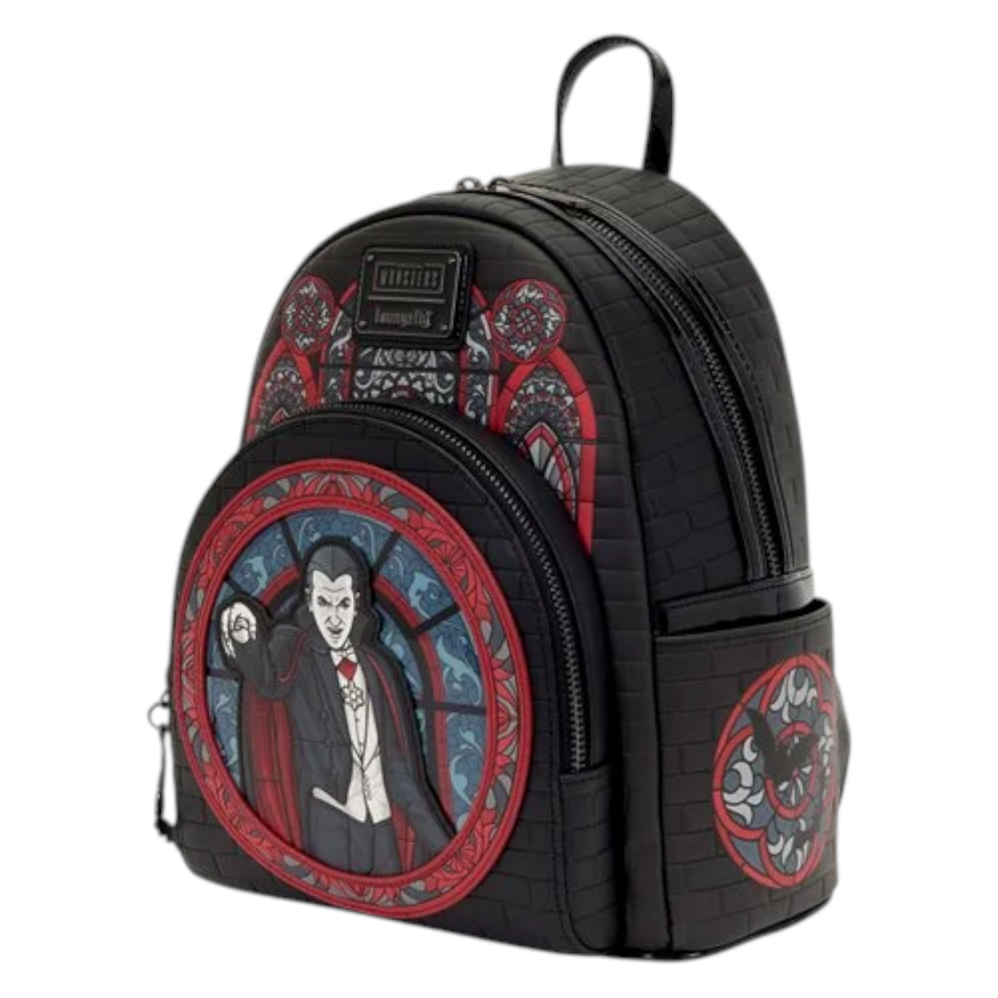 Loungefly Universal Monsters Dracula Stained Glass Mini Backpack with Dracula character design in front of stained glass on a white background