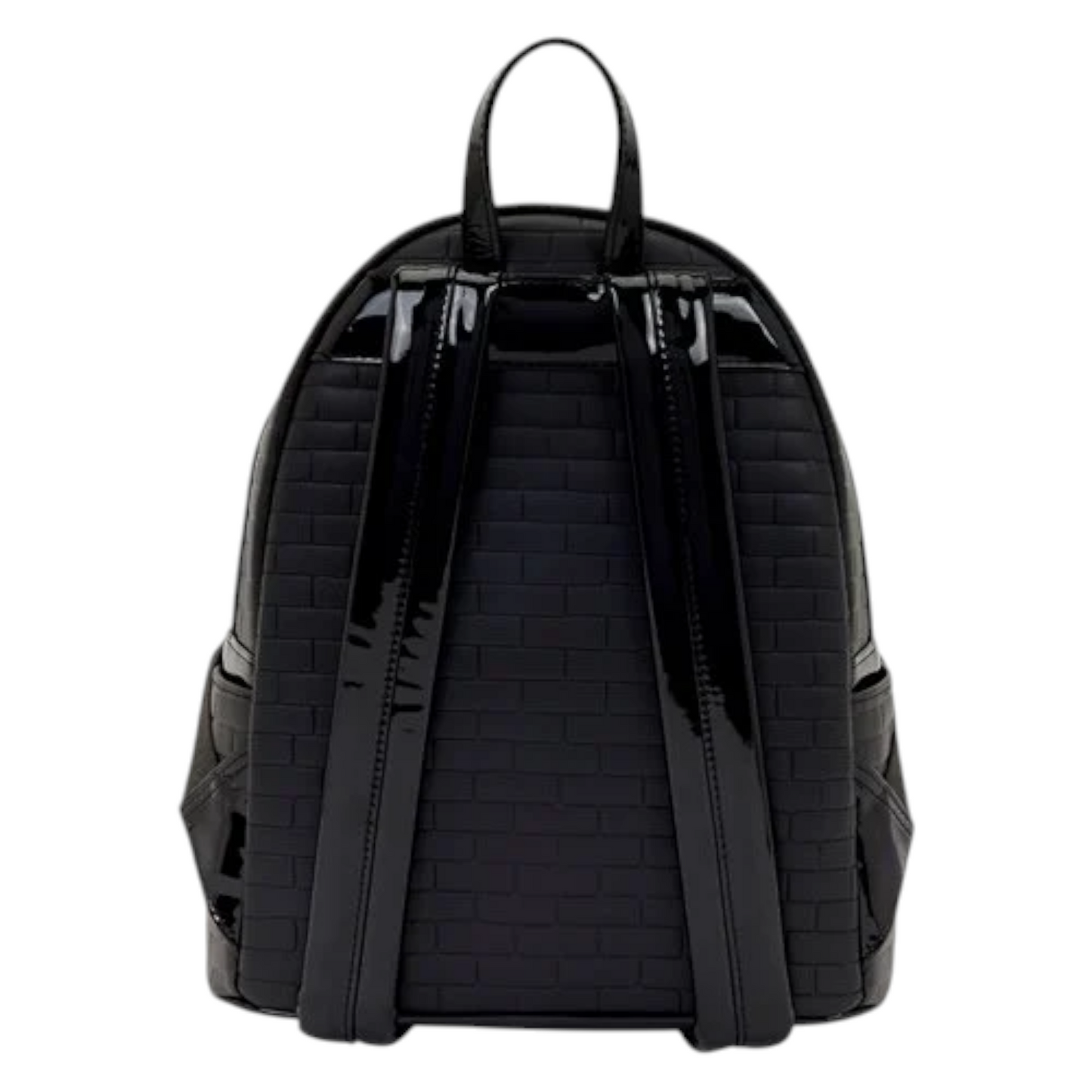 Back of Loungefly Universal Monsters Dracula Stained Glass Mini Backpack with quilted pattern and black straps on a white background