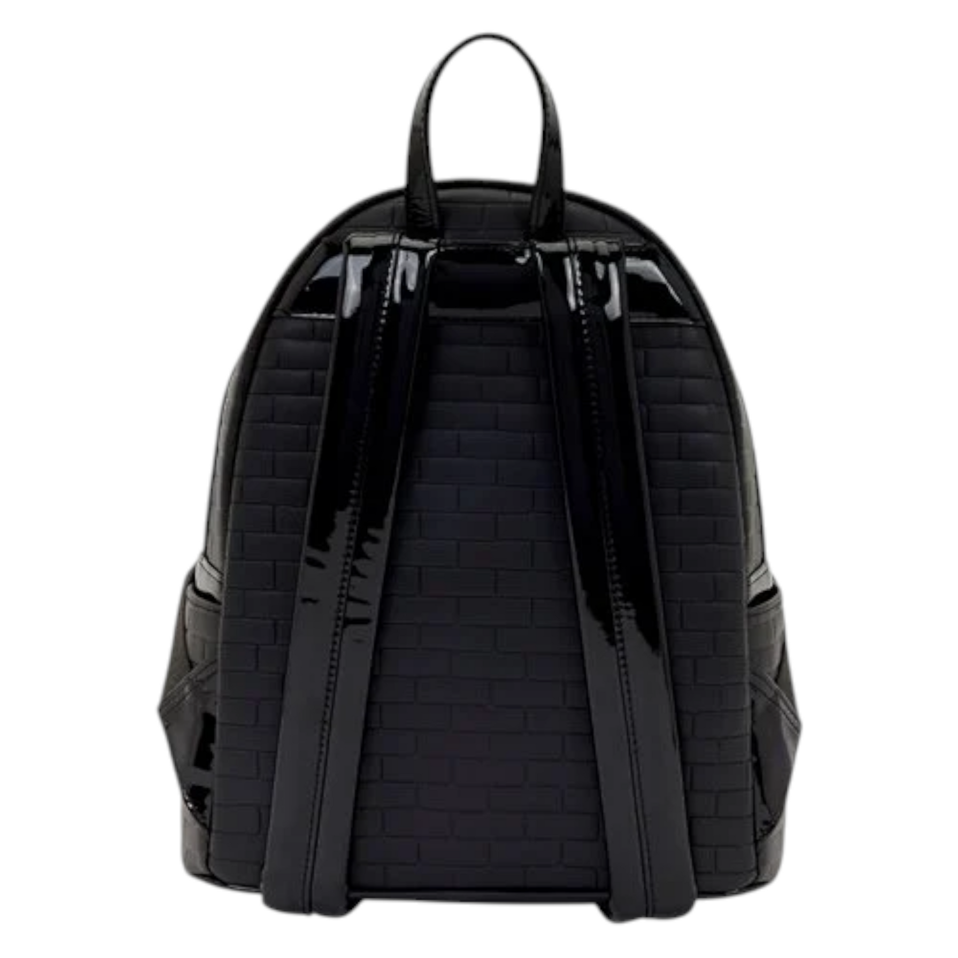 Back of Loungefly Universal Monsters Dracula Stained Glass Mini Backpack with quilted pattern and black straps on a white background
