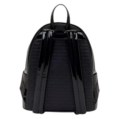 Back of Loungefly Universal Monsters Dracula Stained Glass Mini Backpack with quilted pattern and black straps on a white background