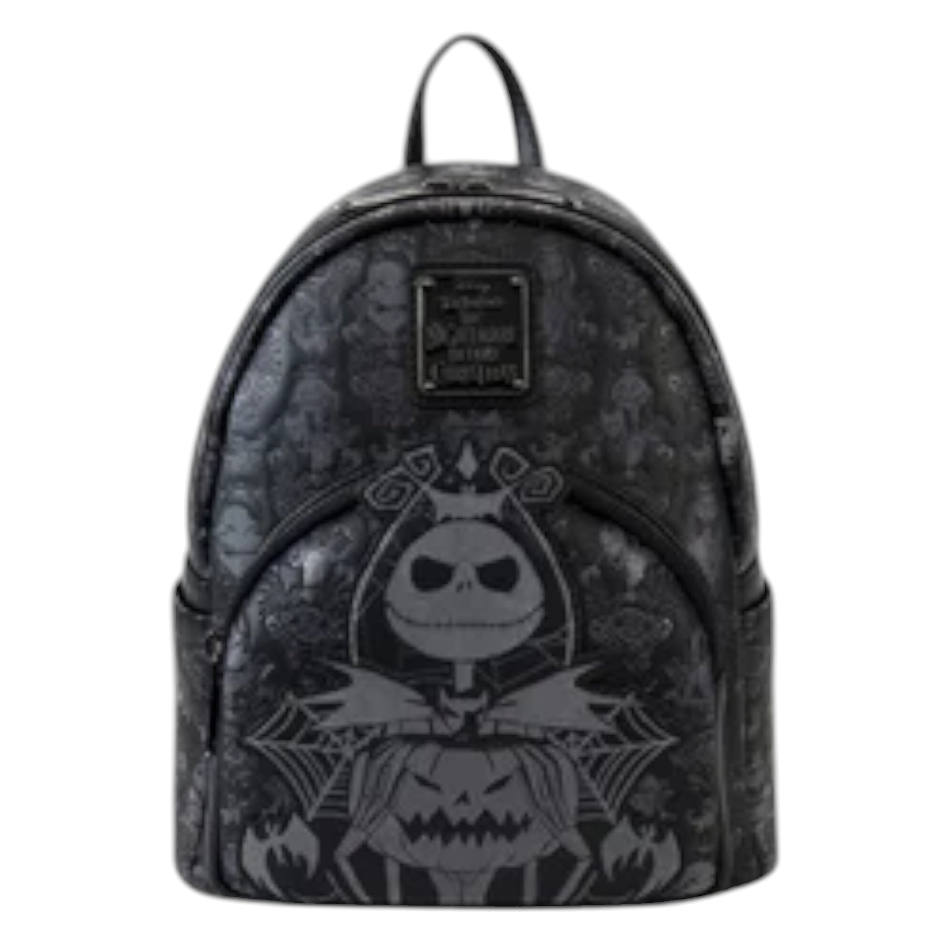 Backpack with Nightmare Before Christmas-themed design featuring a jack Skellington and jack-o'-lantern on a white background