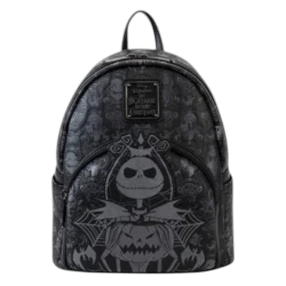 Backpack with Nightmare Before Christmas-themed design featuring a jack Skellington and jack-o'-lantern on a white background