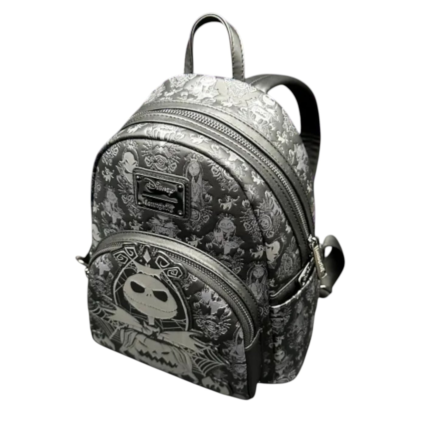 Backpack with Nightmare Before Christmas-themed design featuring a jack Skellington and jack-o'-lantern on a white background