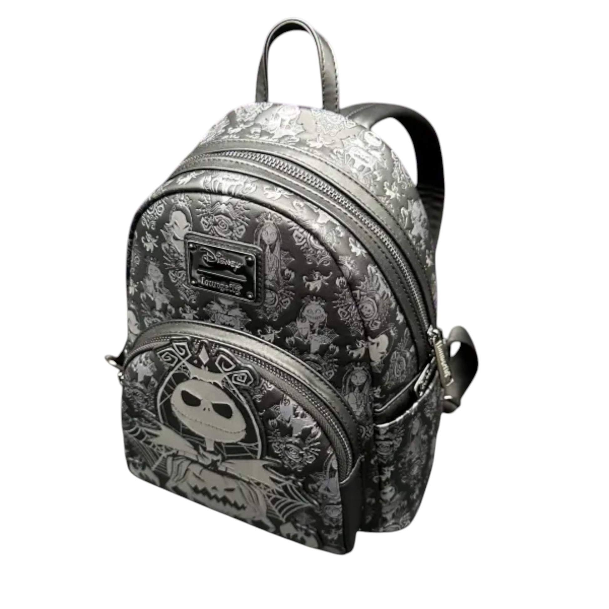 Backpack with Nightmare Before Christmas-themed design featuring a jack Skellington and jack-o'-lantern on a white background