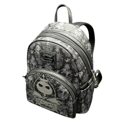 Backpack with Nightmare Before Christmas-themed design featuring a jack Skellington and jack-o'-lantern on a white background