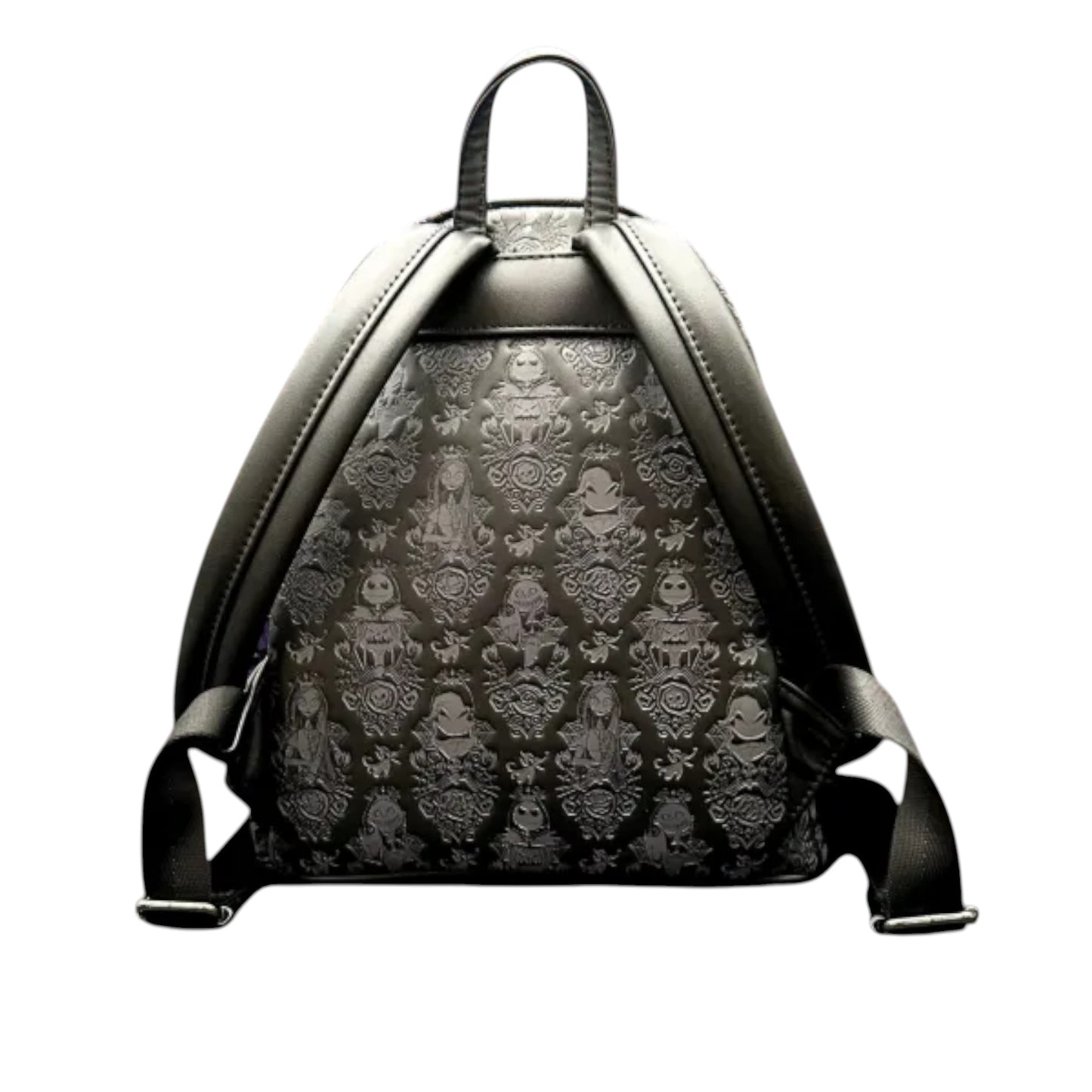 Black backpack with intricate jack skellington and jack o' lantern pattern on a white background