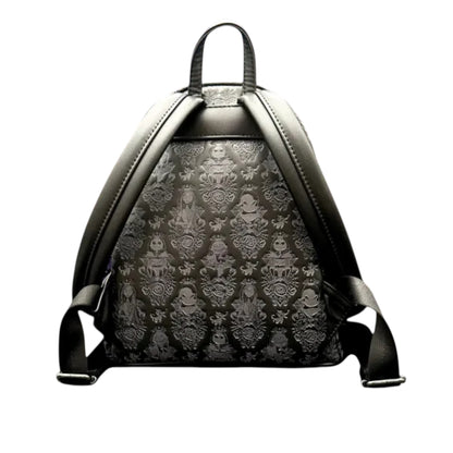 Black backpack with intricate jack skellington and jack o' lantern pattern on a white background