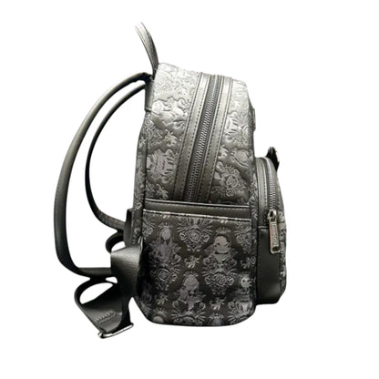 Backpack with Nightmare Before Christmas-themed design featuring a jack Skellington and jack-o'-lantern on a white background