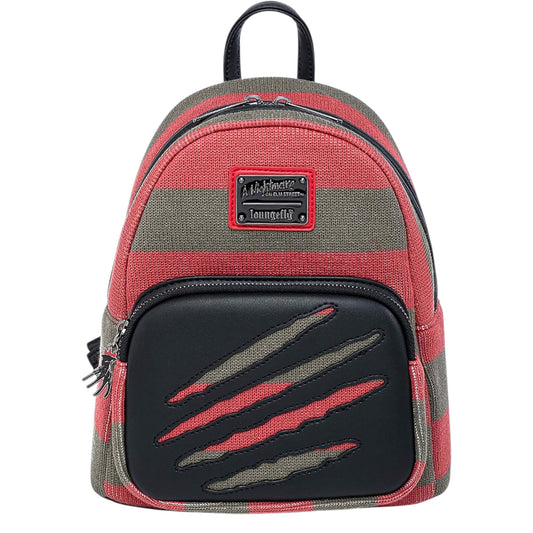 Loungefly Nightmare On Elm Street Freddy Kreuger Sweater Mini Backpack with red and green striped slash pattern and black accents on a white background
