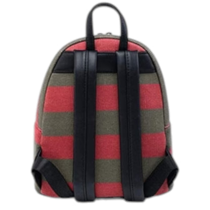Back of Loungefly Nightmare On Elm Street Freddy Kreuger Sweater Mini Backpack with red and green striped pattern and black straps on a white background 