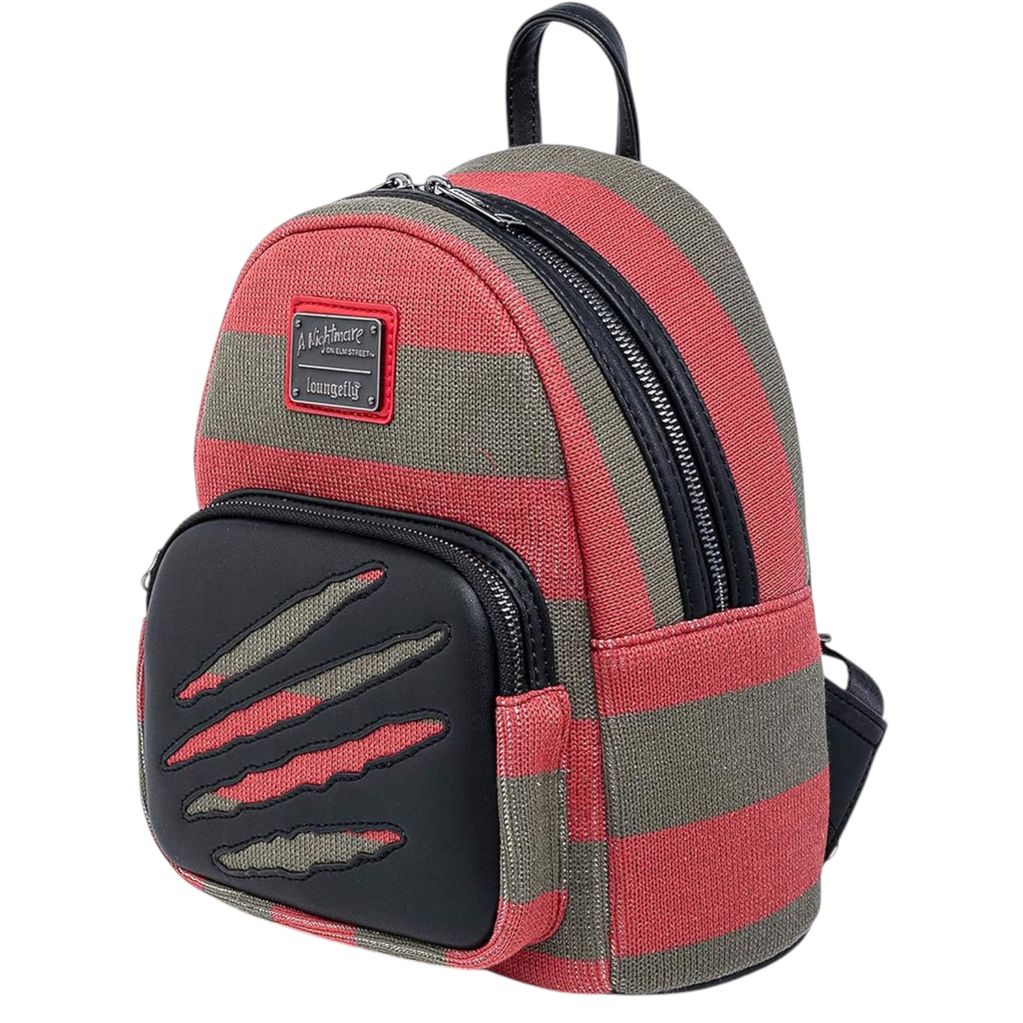 Loungefly Nightmare On Elm Street Freddy Kreuger Sweater Mini Backpack with red and green striped slash pattern and black accents on a white background