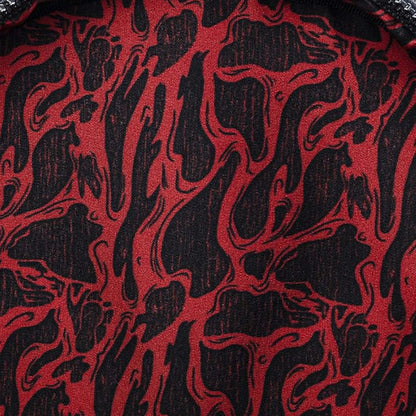 Close-up of inside of Loungefly Nightmare On Elm Street Freddy Kreuger Sweater Mini Backpack with red and black patterned fabric