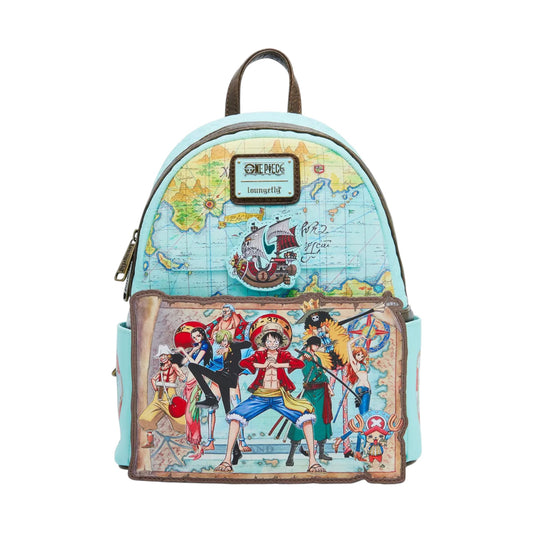 One Piece Straw Hat Crew Map Mini Backpack with character design and world map on a white background