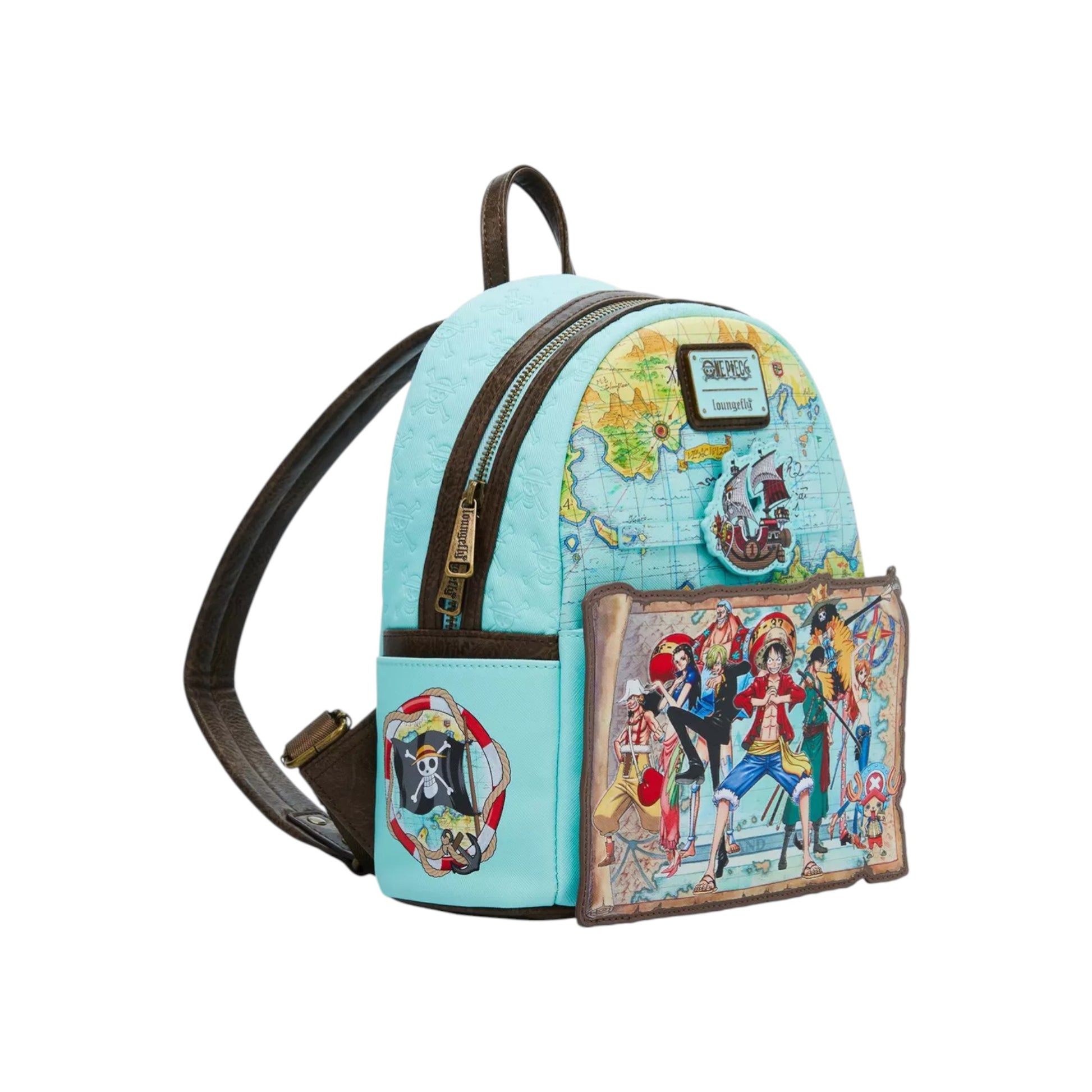 One Piece Straw Hat Crew Map Mini Backpack with map design and character illustrations on a white background