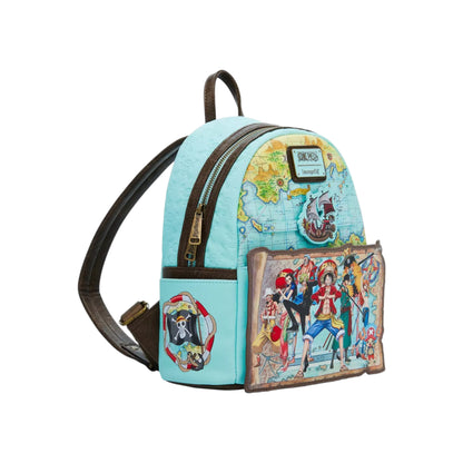 One Piece Straw Hat Crew Map Mini Backpack with map design and character illustrations on a white background