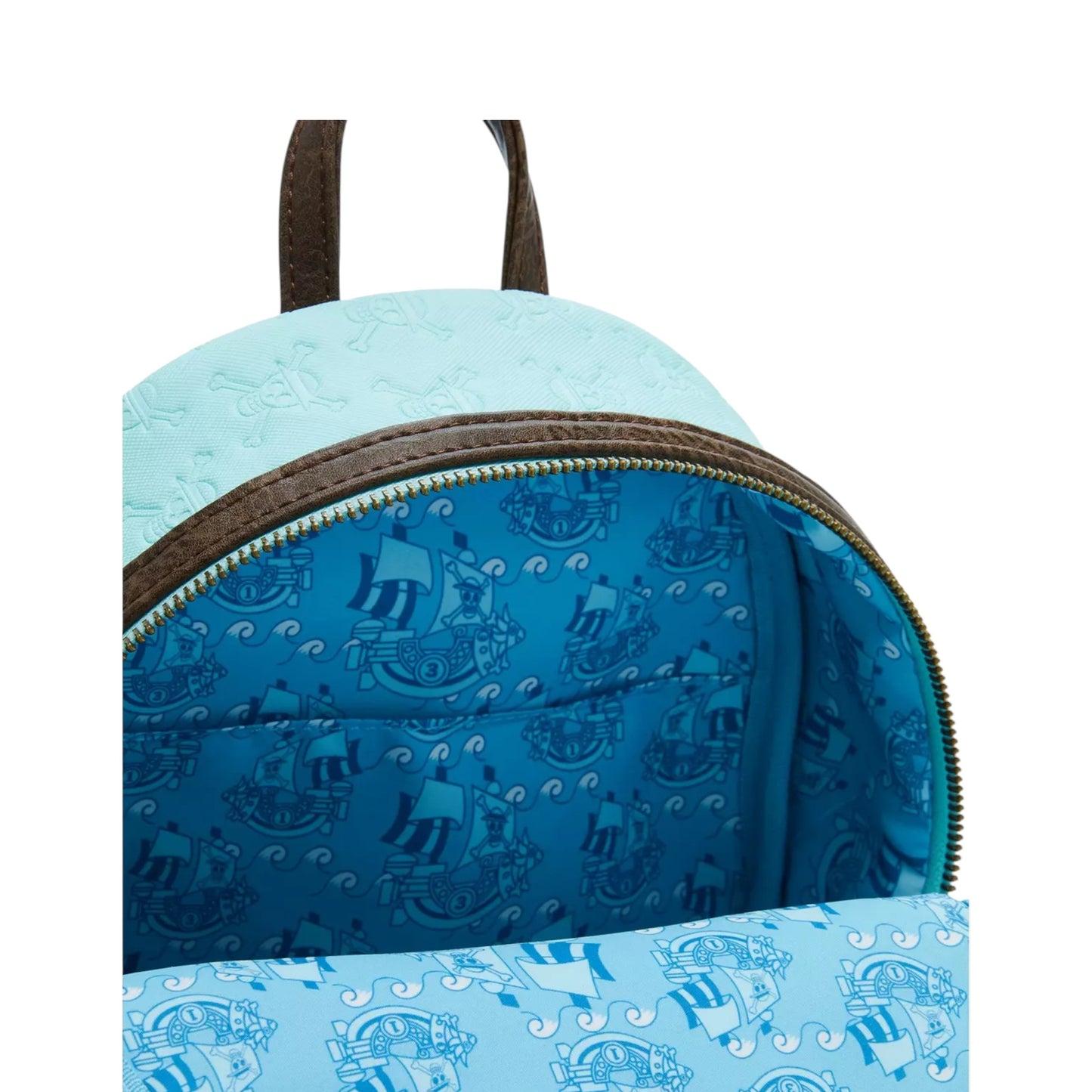 Close-up of a blue One Piece Straw Hat Crew Map Mini Backpack with ship pattern on a white background