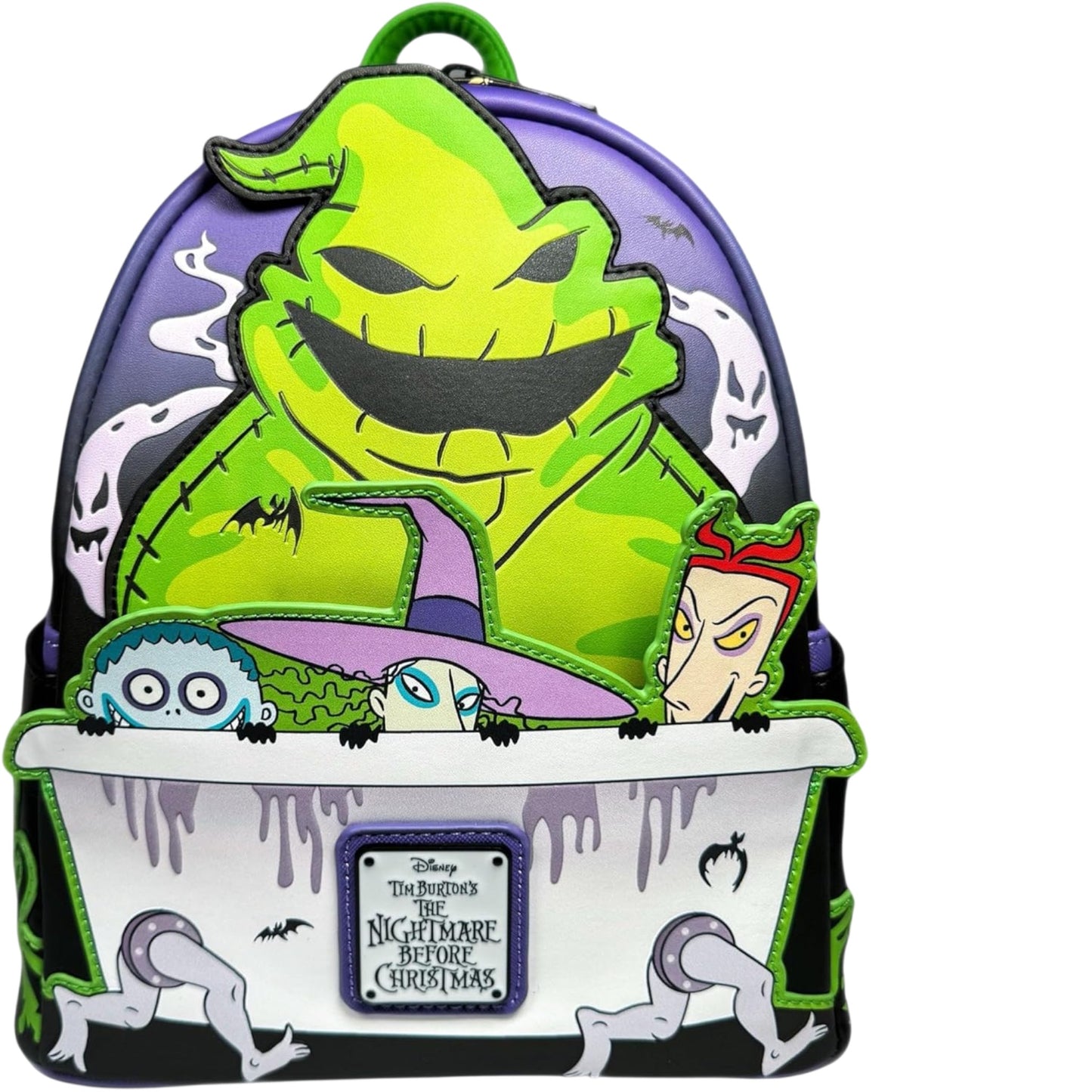 Backpack with Oogie Boogie Lock Shock and Barrel character design from 'The Nightmare Before Christmas' on a white background