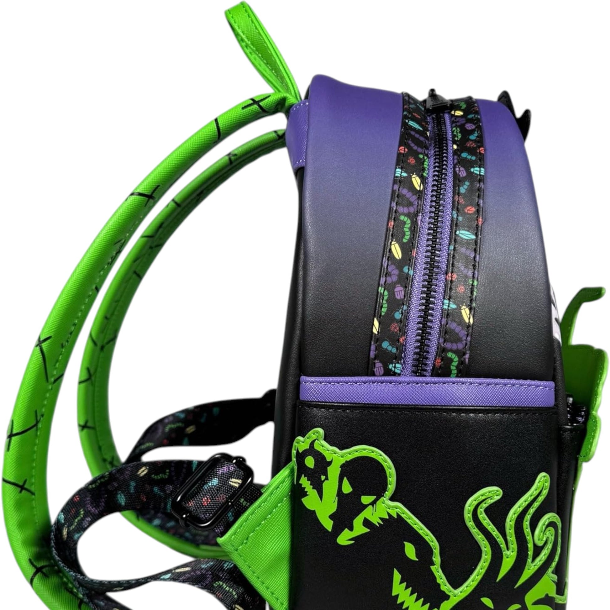 Black Oogie Boogie Lock Shock and Barrel backpack with green accents and a skull design on a white background