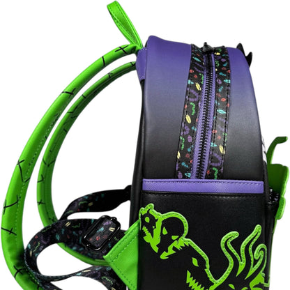 Black Oogie Boogie Lock Shock and Barrel backpack with green accents and a skull design on a white background
