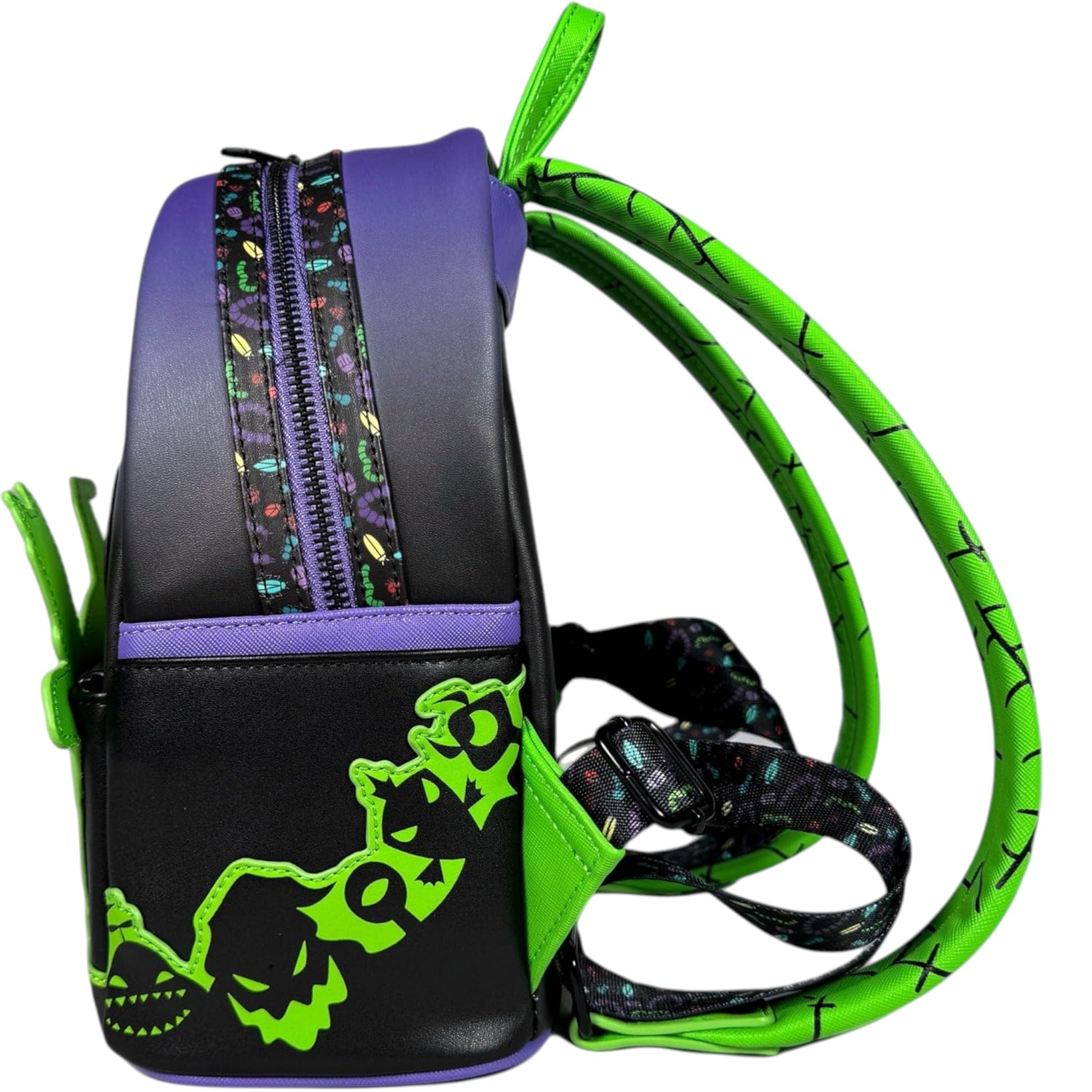 Black Oogie Boogie Lock Shock and Barrel backpack with green accents and a colorful zipper, featuring a brand logo.