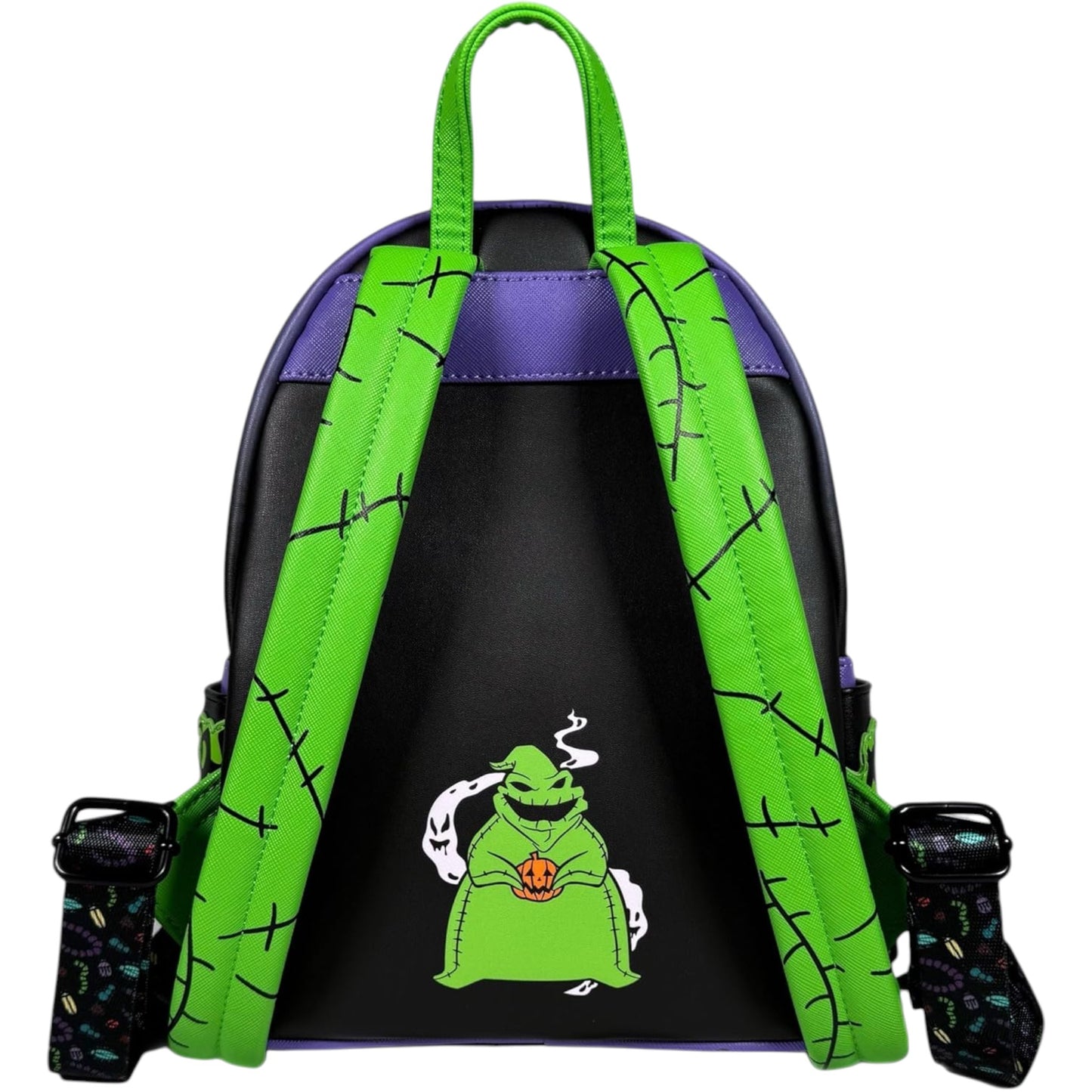 Backpack with green straps and a Oogie Boogie character on a black background