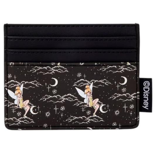 Back of Loungefly Peter Pan Tinker Bell Night Sky Card Holder with Tinker Bell character pattern, moons, and clouds on a white background, featuring Disney branding.