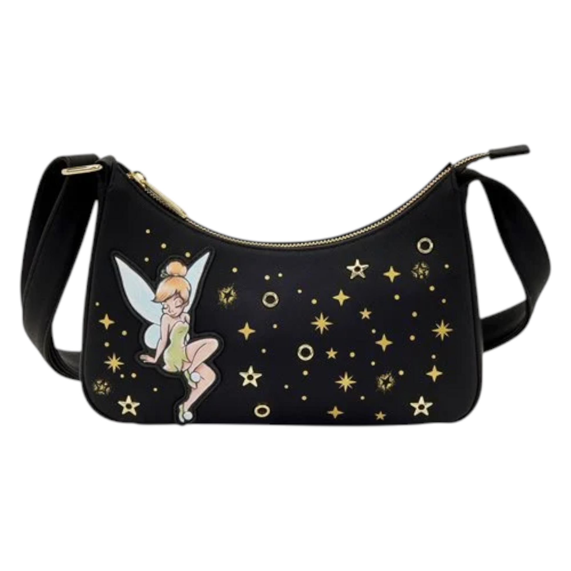 Black Loungefly Peter Pan Tinker Bell Pixie Dust Crossbody Bag with gold star patterns and a Tinker Bell character design on a white background