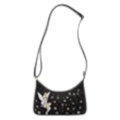 Black Loungefly Peter Pan Tinker Bell Pixie Dust Crossbody Bag with gold star patterns and a Tinker Bell character design on a white background