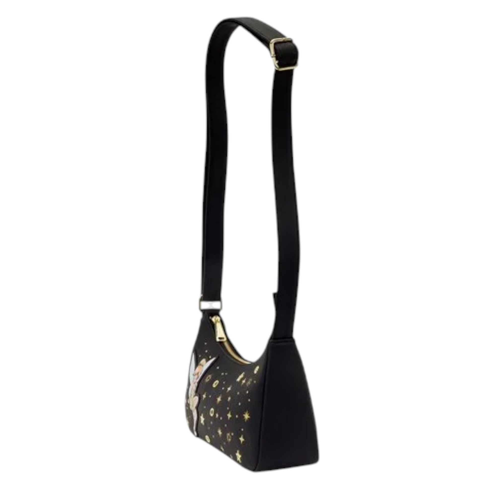 Black Loungefly Peter Pan Tinker Bell Pixie Dust Crossbody Bag with gold star patterns and a Tinker Bell character design on a white background